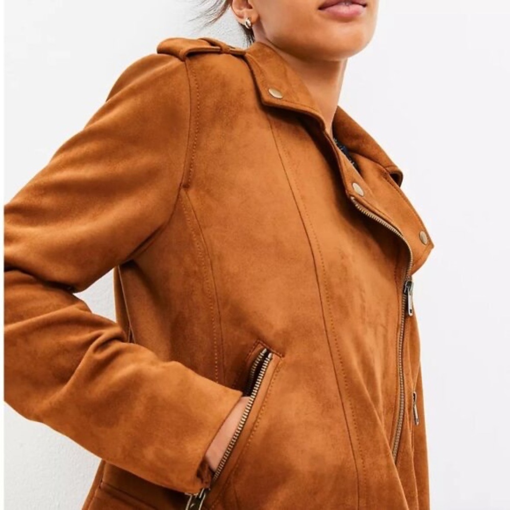LOFT Faux Suede Moto Jacket in Brown Size Petite Medium NEW - Picture 4 of 4